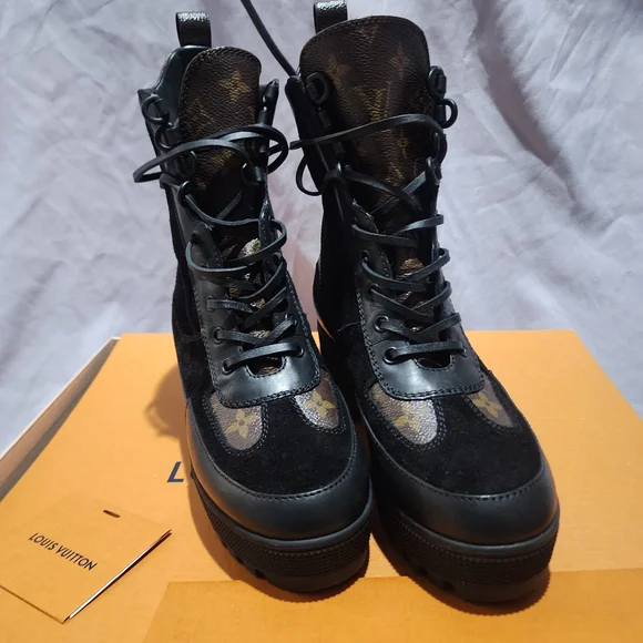 Louis Vuitton Black Monogram Lace-Up Platform Boots - Picture 4 of 9